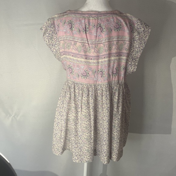 Lucky Brand Pink Floral Print Flutter Sleeve Flowy Babydoll Top Large MSRP $80 - Picture 7 of 12